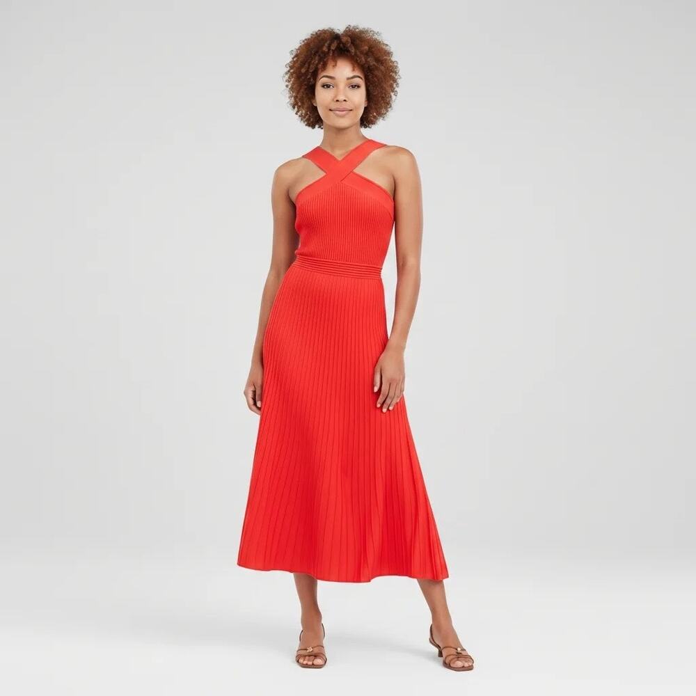 NWT Ann Taylor Ribbed Halter Sweater Dress Aperol Orange Knit Midi Size Large - Picture 2 of 5